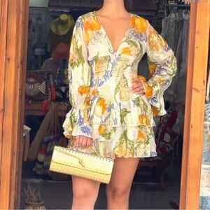 Metalic silver with yellow & blue pattern Long Sleeve summer Smock Dress NWT